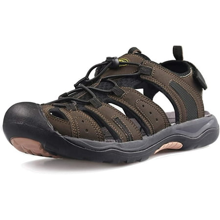 

GRITION Mens Outdoor Hiking Sandals Closed Toe Waterproof Fisherman Walking Water Sandals Lightweight Athletic Shoes Easy Wearing Adjustable Protection Summer brown