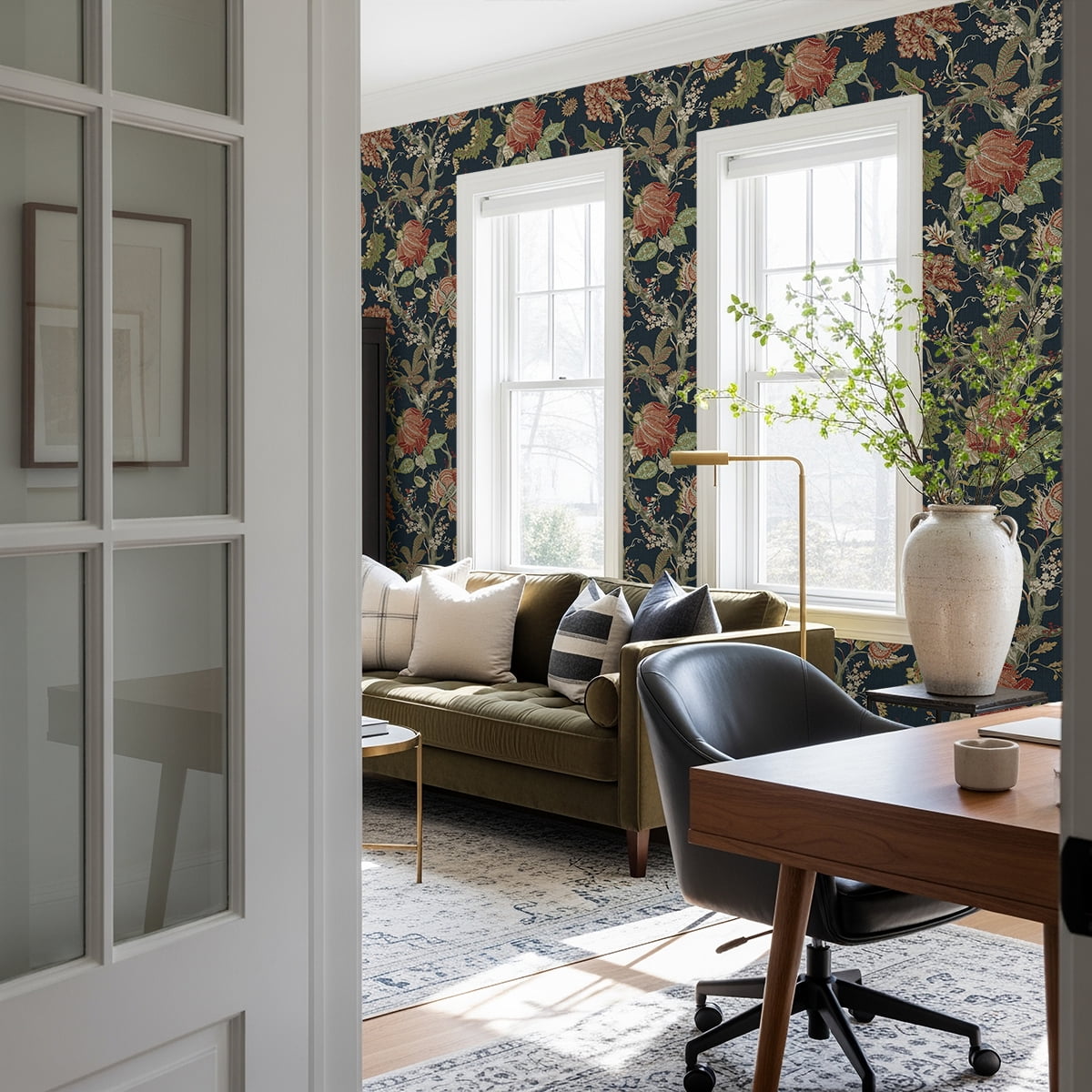 Harry & Grace Midnight Blue & Carmine Jacobean Trail Premium Matte Non-Woven Peel and Stick Wallpaper - 20.5 in. W x 18 ft. L Roll