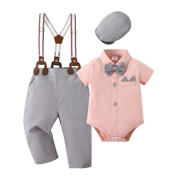 CARETOO Baby Boy Clothes Suit 0-24M Formal Short Sleeve Dress Shirt Suspender Pants Hat Bowtie Set