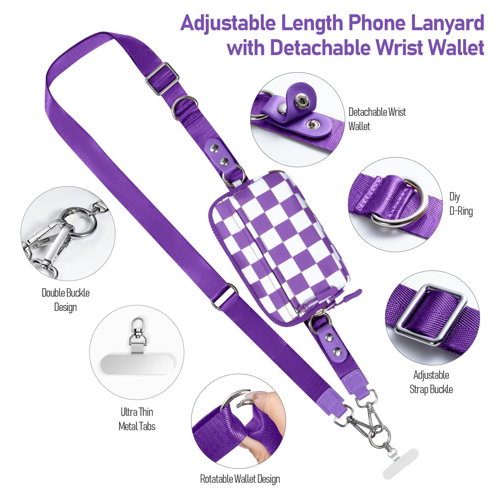 Cysiyu Clip and Go Strap for Phone with Wallet Crossbody Phone Lanyard and Detachable Checkered Bag with ID Window and RFID Pouch for Daily Travel.