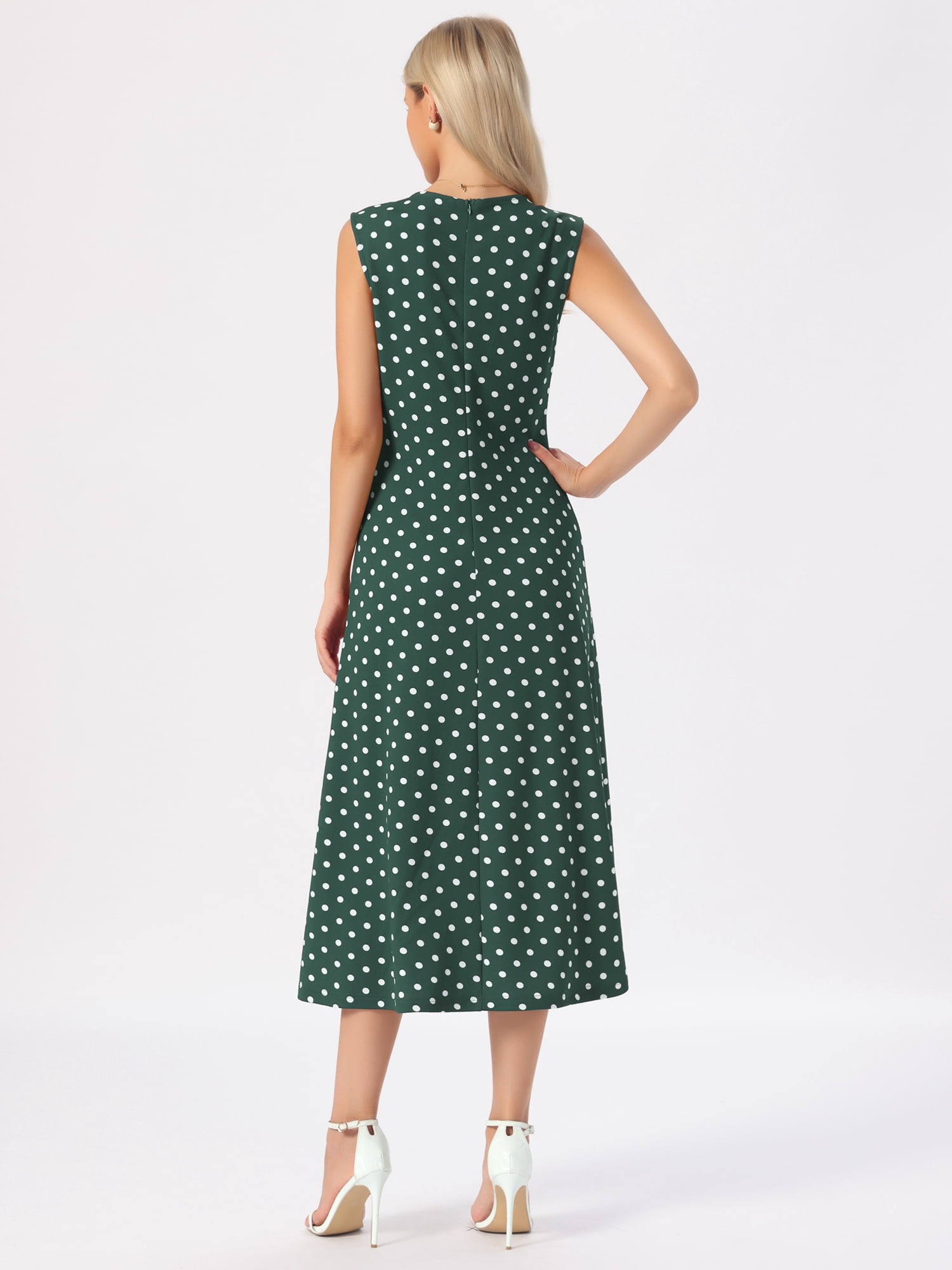 DARING DIVA Women's Polka Dots Sleeveless Vintage Crewneck Midi Dress M Dark Green