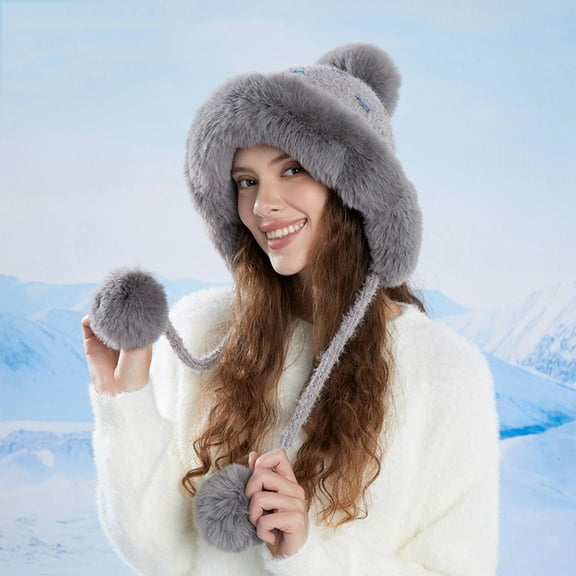 Ynynloco Women Winter Peruvian Cover Ears Beanie Hat Warm Elastic Ear Flaps Sherpa Ski Snow Hats Knit Fleece Lined 3 Pom Pom