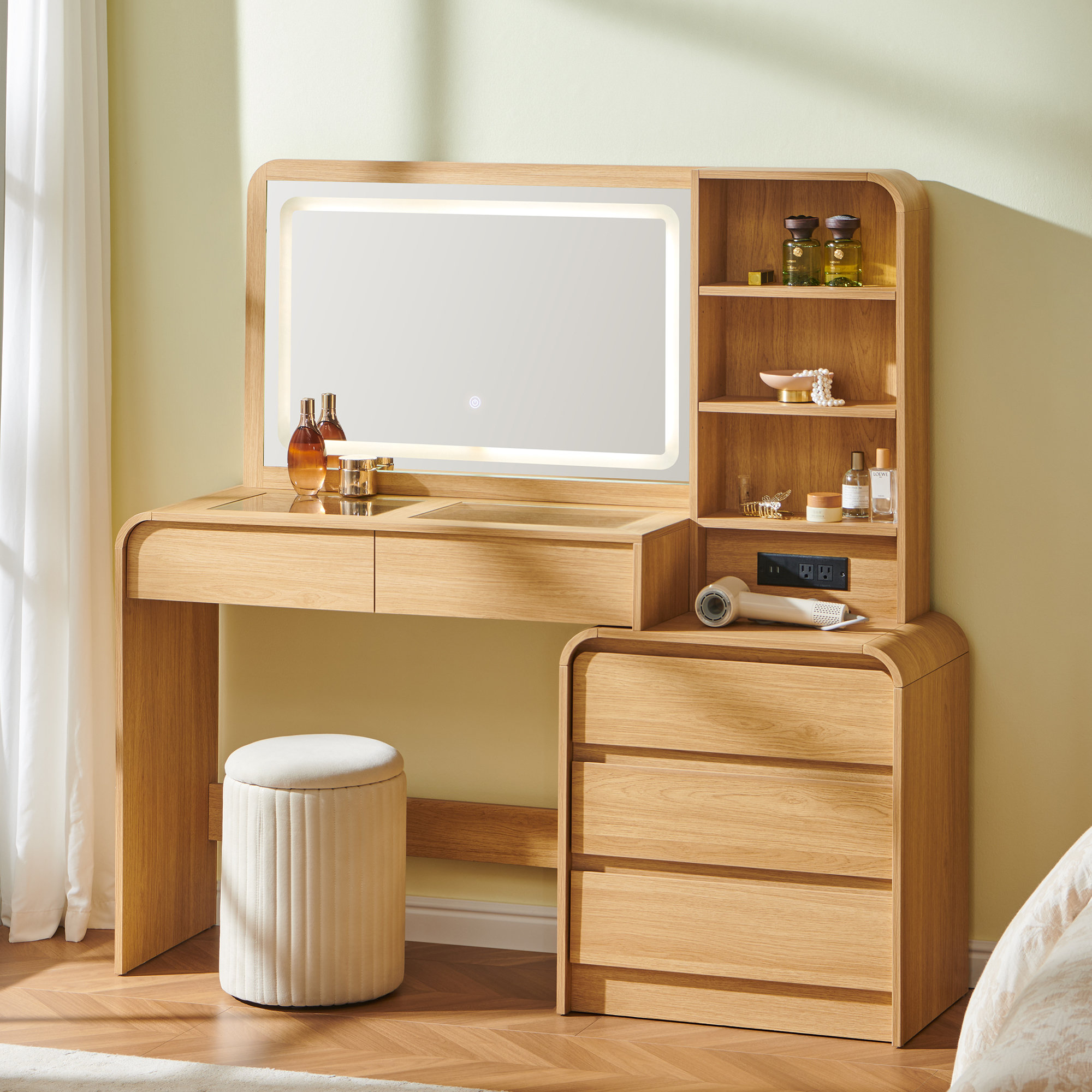 Aitjunz Modern Glass Top Vanity Desk with LED Mirror photo 1