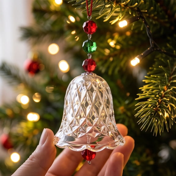 Crystal Glittering Christmas Bell Ornaments, Red and Green | Glass Bell Hanging Decor for Christmas Tree, Cut Glittering, Xmas Party Decoration for Home