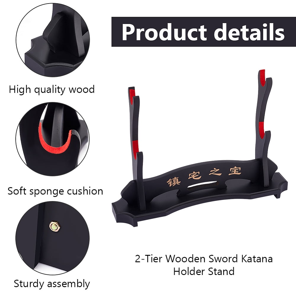 2-Tier Wooden Katana Holder Stand Bracket Samurai Display Easels with Chinese Character Black 9.9x39x26cm