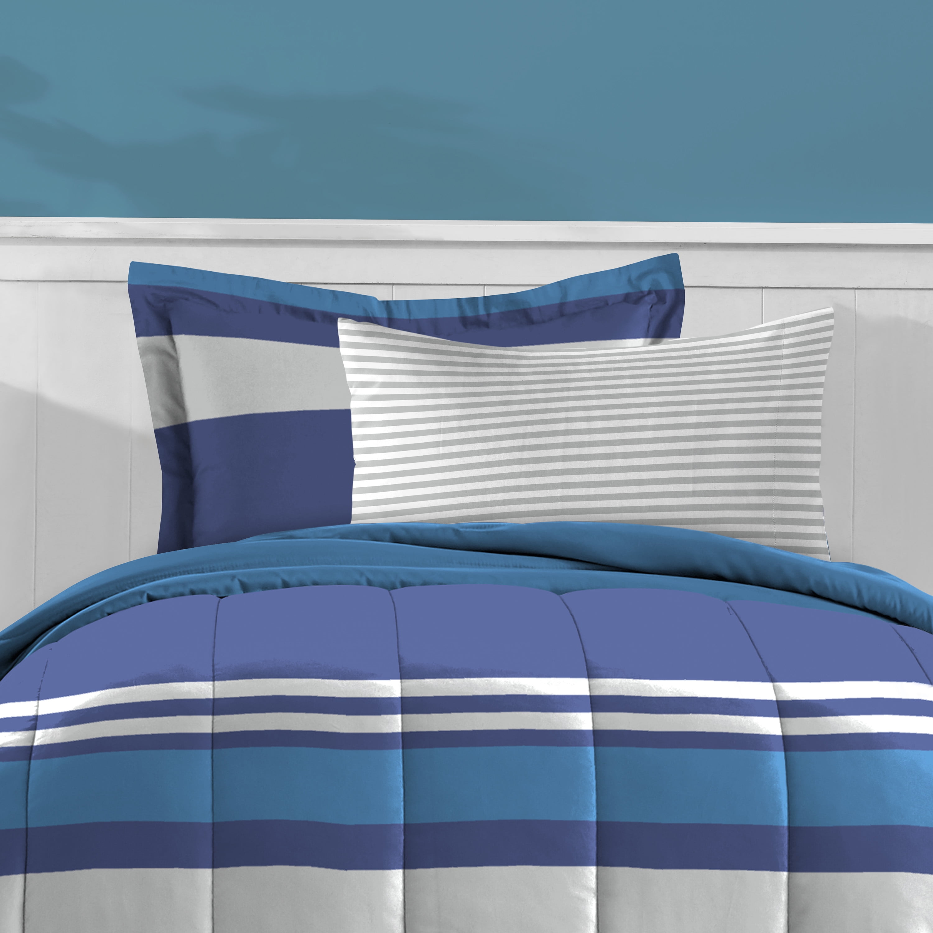Dream Factory Rugby Stripe Full 7 Piece Comforter Set, Polyester, Microfiber, Blue, Child, Unisex