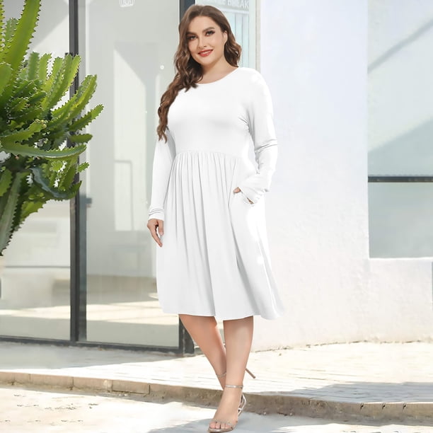 POSESHE Women's Plus Size Winter Casual Dress,Long Sleeves,Loose Flowy Dress  With Pockets,White,4XL