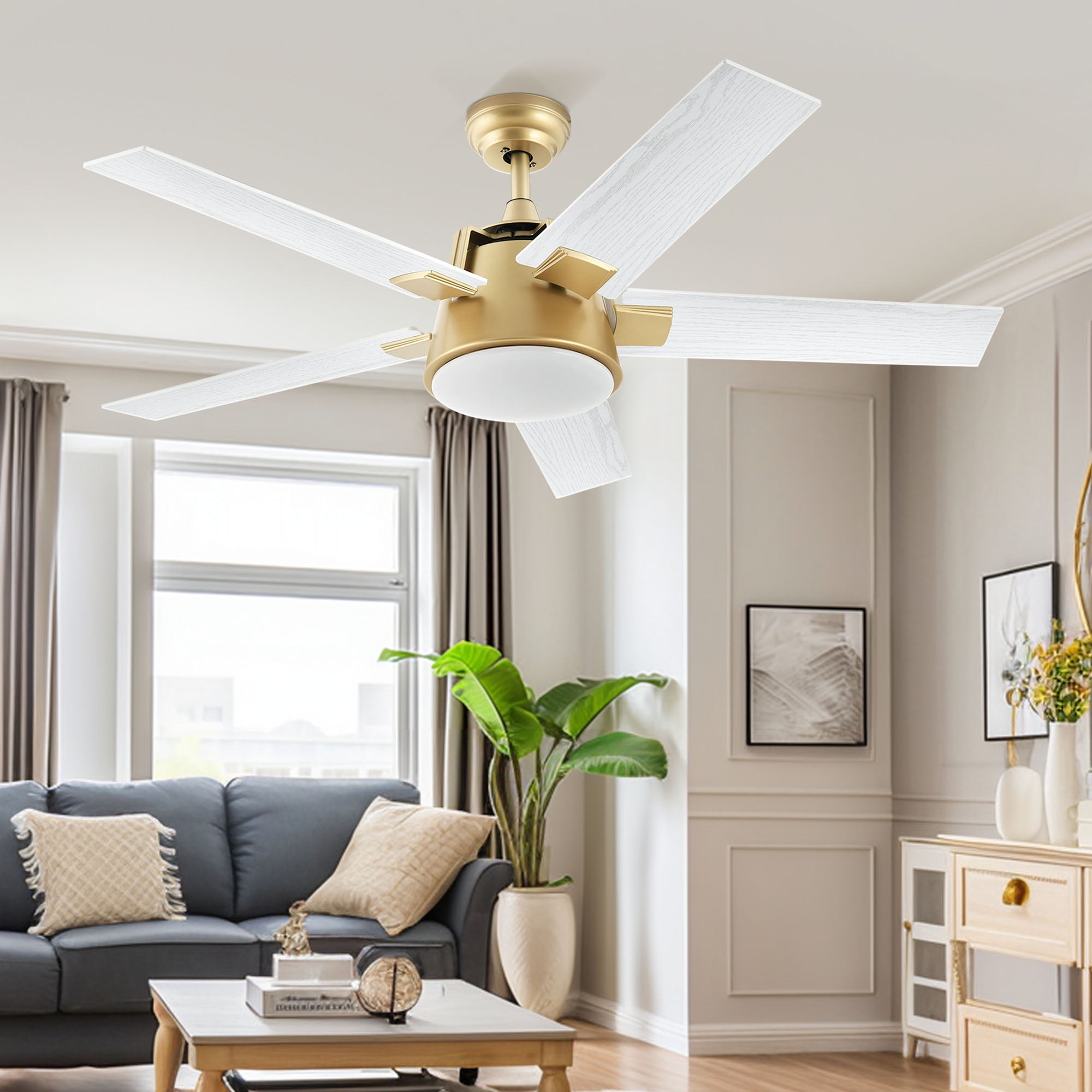 DEXTRUS 52in Farmhouse Ceiling Fans with Light and Remote with 5 Blades, 6 Speed - White