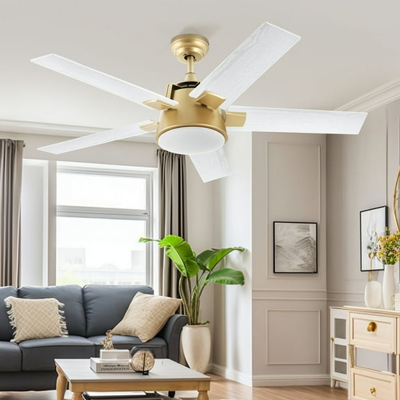 Dextrus 52in Modern Ceiling Fan with Light, Quiet Reversible Motor, 6-Speed, 5 Blades for Bedroom Living Room Patio - Gold & White
