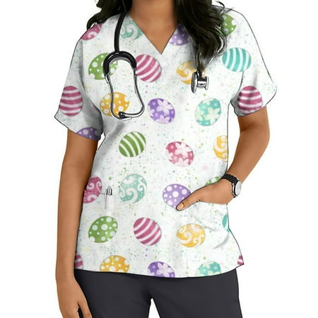 

BKFYDLS Easter Womens Scrubs Tops Summer Clearance Women Tops Short Sleeve V-neck Tops Working Uniform Easter Print With Pocket Blouse