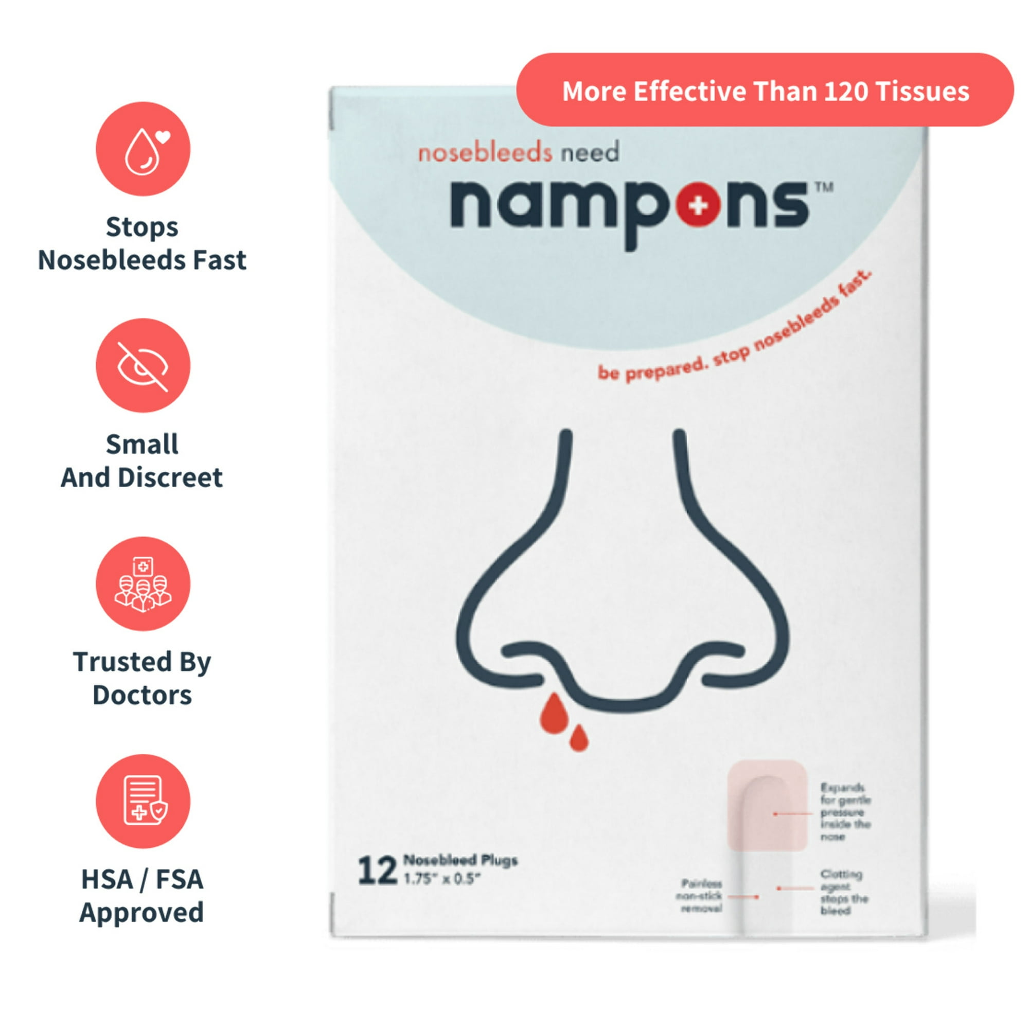 Nampons™ for Nosebleeds - 12 Nasal Strips with Hypoallergenic Clotting Agent to Stop Nosebleeds Fast