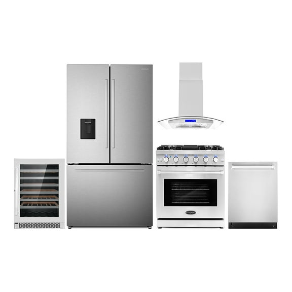 5 Piece Kitchen Package with 30" Freestanding Gas Range 30" Island Mount 24" Built-in Fully Integrated Dishwasher French Door Refrigerator & 48 Bottle Wine Refrigerator