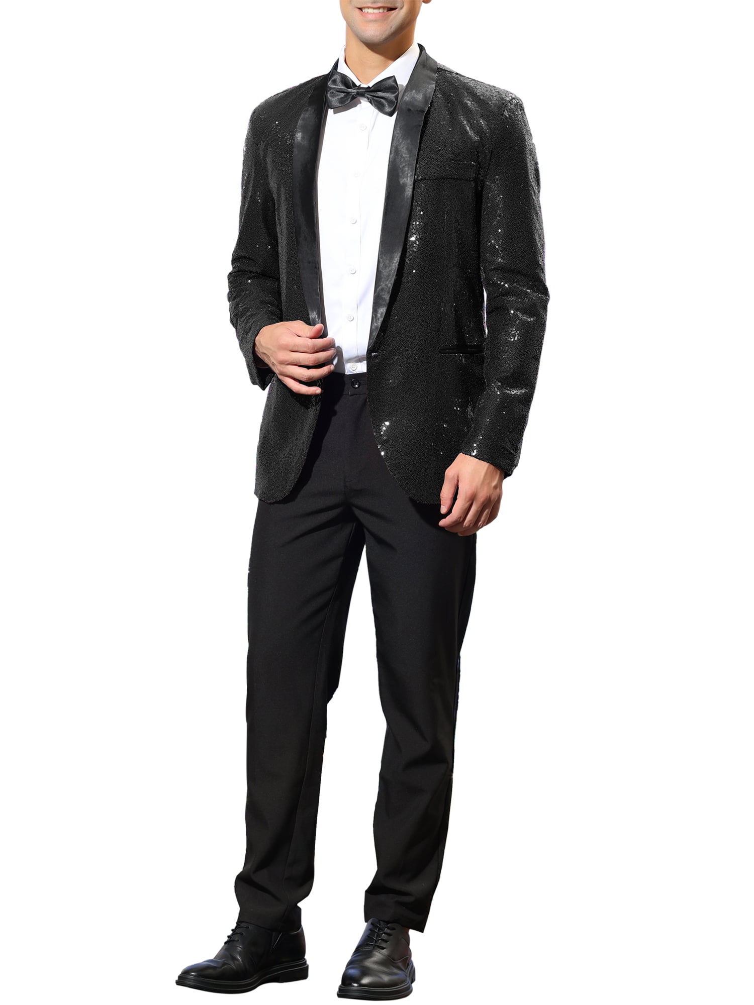 Unique Bargains Men's Sequin Sport Coats Shawl Lapel One Button Wedding Shiny Blazer XL Black