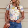 thumbnail image 6 of KLL Women 's Crew Neck Bodysuit Jumpsuits Flower Color Rabbit Print Short onesies Stretch T Shirts, 6 of 7