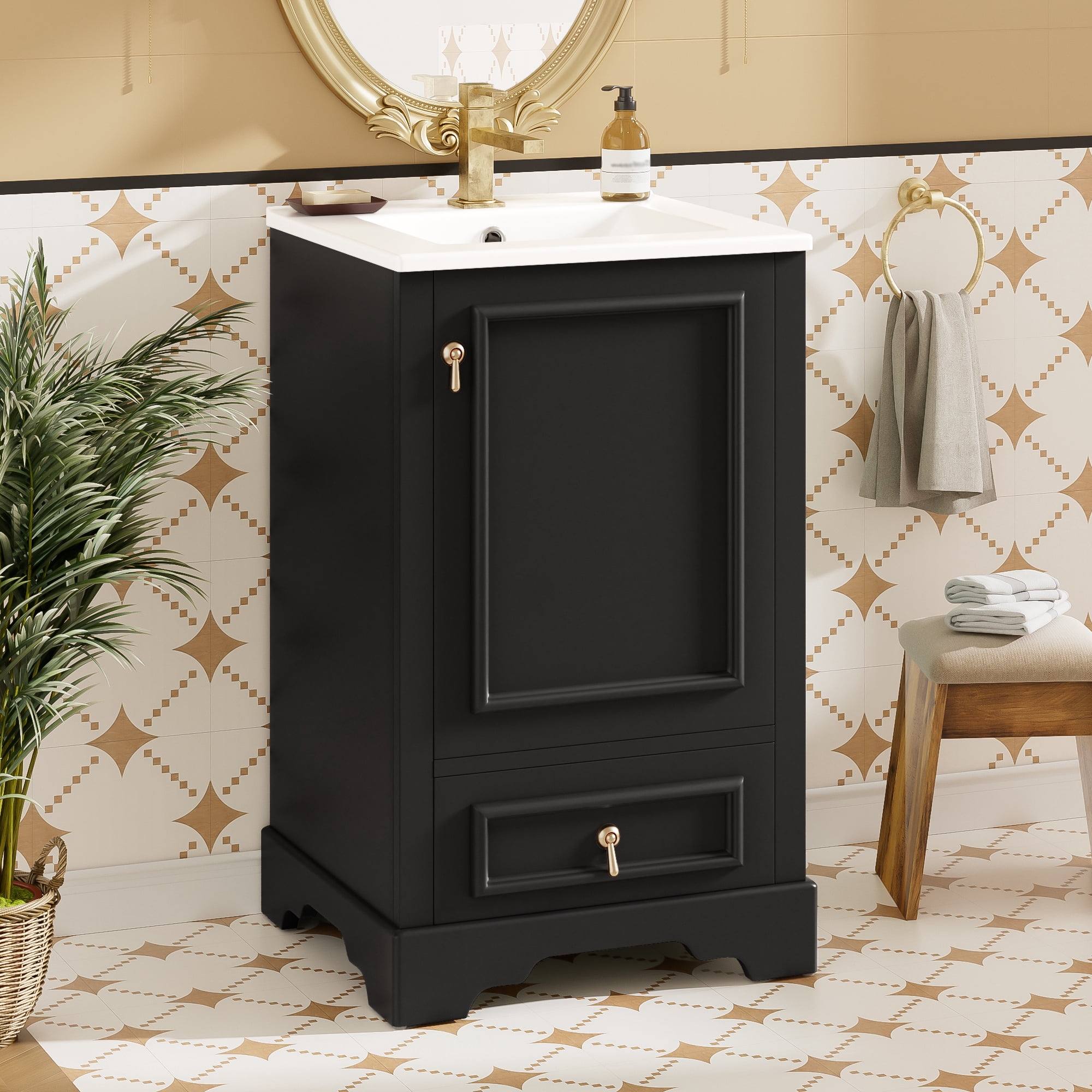 Euroco 20 Inch Bathroom Vanity with Ceramic Sink, Soft Close Door, Adjustable U-Shaped Shelf, Compartment Drawer and Door Storage Rack, Modern Style, Space-Saving Design