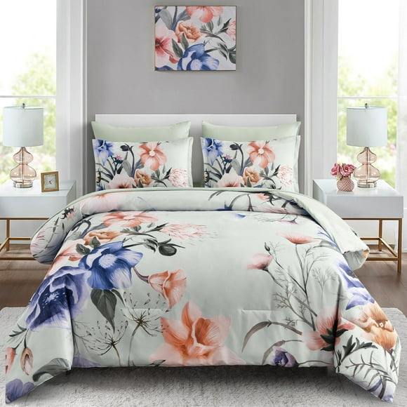 Juego de edredón Luxudecor Floral King Size 7 piezas, color verde