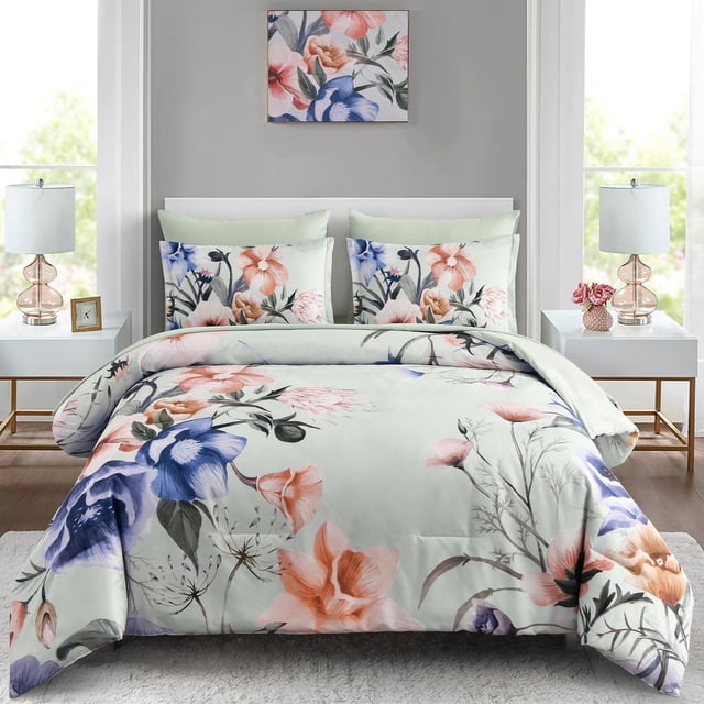 Juego de edredón Luxudecor Floral King Size 7 piezas, color verde