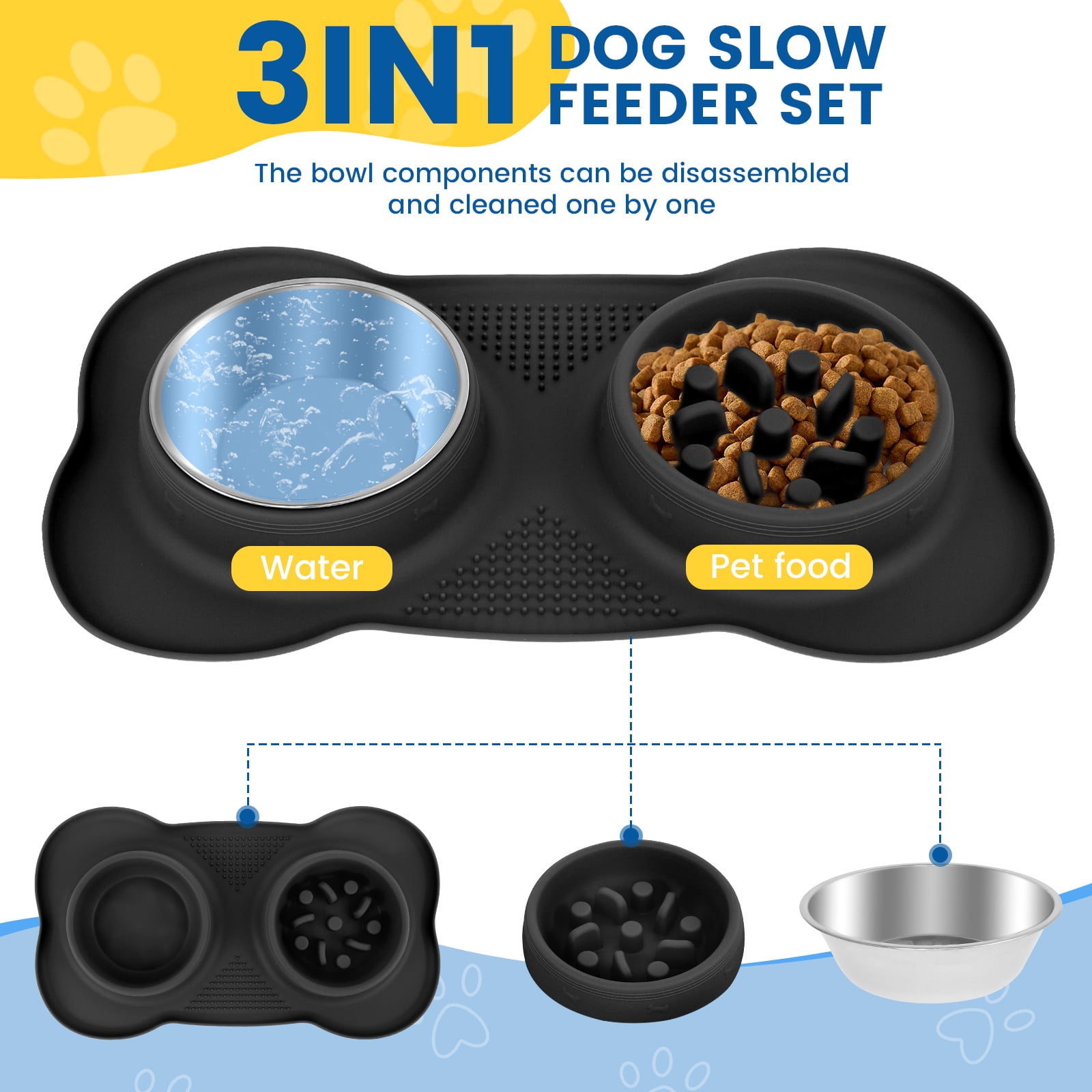 Slow Feeder Dog Bowl with Nonslip Silicone Mat Slow Eating Cat Bowl Detachable Slow Feeder and Water Bowl Set Dog Slow Feeding Bowl Stainless Steel Water Bowl for Dogs Cats