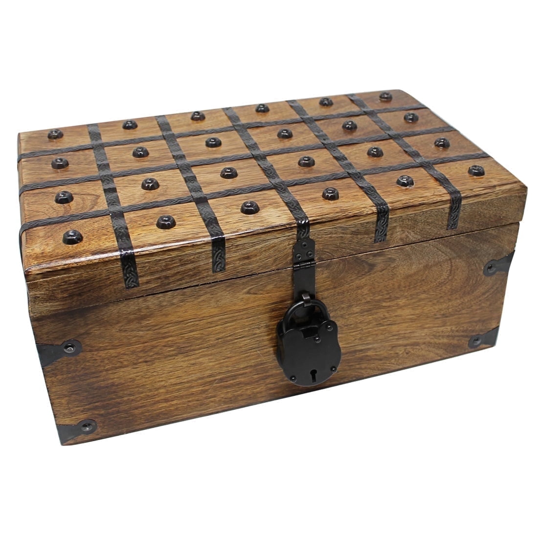 Nautical Cove X-Large Pirate Treasure Chest with Lock & Skeleton Keys 17 x 10 x 7.25 Inch Handcrafted Wooden Storage Chest with Hinged Lid Rustic Pirate Decor & Keepsake Box