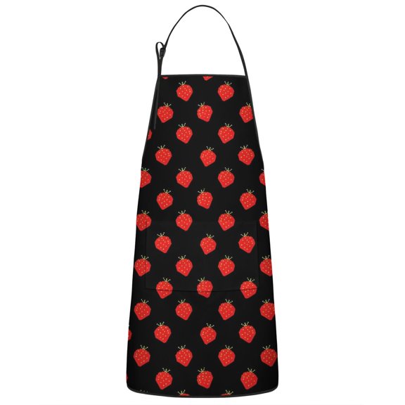 Red Strawberry Plants Black Pattern Apron-Garden Aprons for Women with Pockets-Cotton Linen Waterproof Kitchen Cooking Gardening Aprons Adjustable for Kitchen,Cooking,BBQ and Salon 33x27 Inch