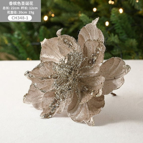 Zhuge 7.87in Large Heads Christmas Glitter Magnolia Flowers Christmas Tree Ornaments Set of 6 Giant Artificial Flowers with Long Stems for Xmas Tree Holiday Decorations, Champagne