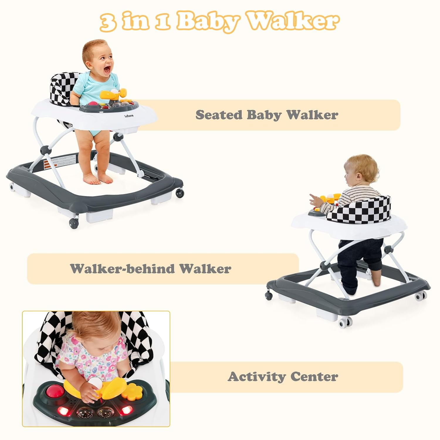 INFANS Foldable Baby Walker, 3 in 1 Toddler Walker Leaning-Seated Walk-Behind with Removable Music Tray, Adjustable Height, Washable Seat Cushion for Boys and Girls