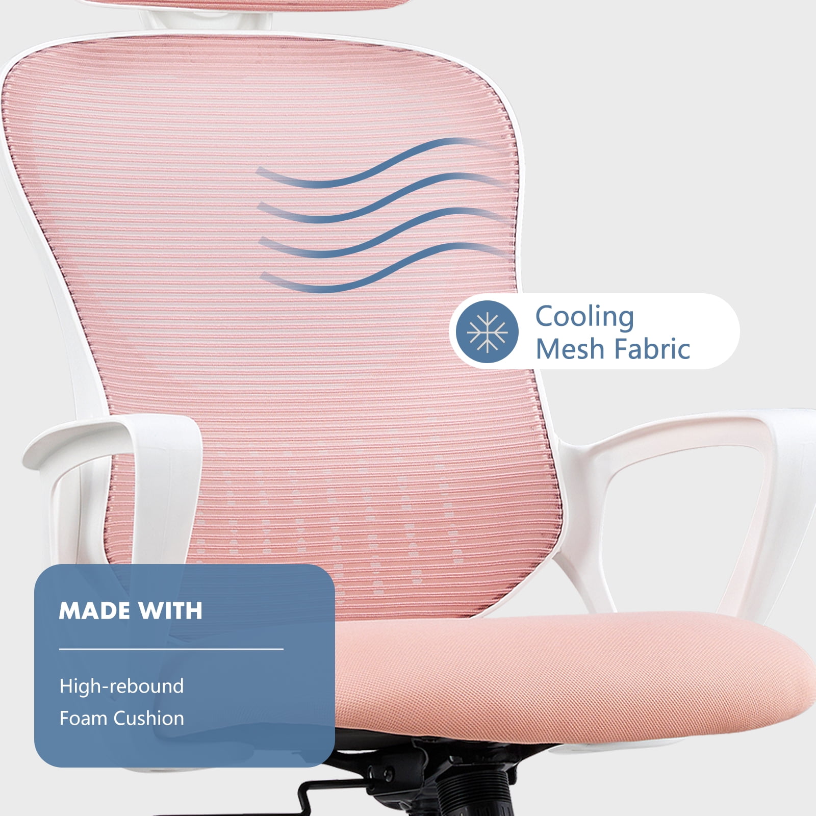 JOINSUN Ergonomic Mesh Office Desk Chair with Adjustable Headrest, Lumbar Support and Fixed Armrests, Pink