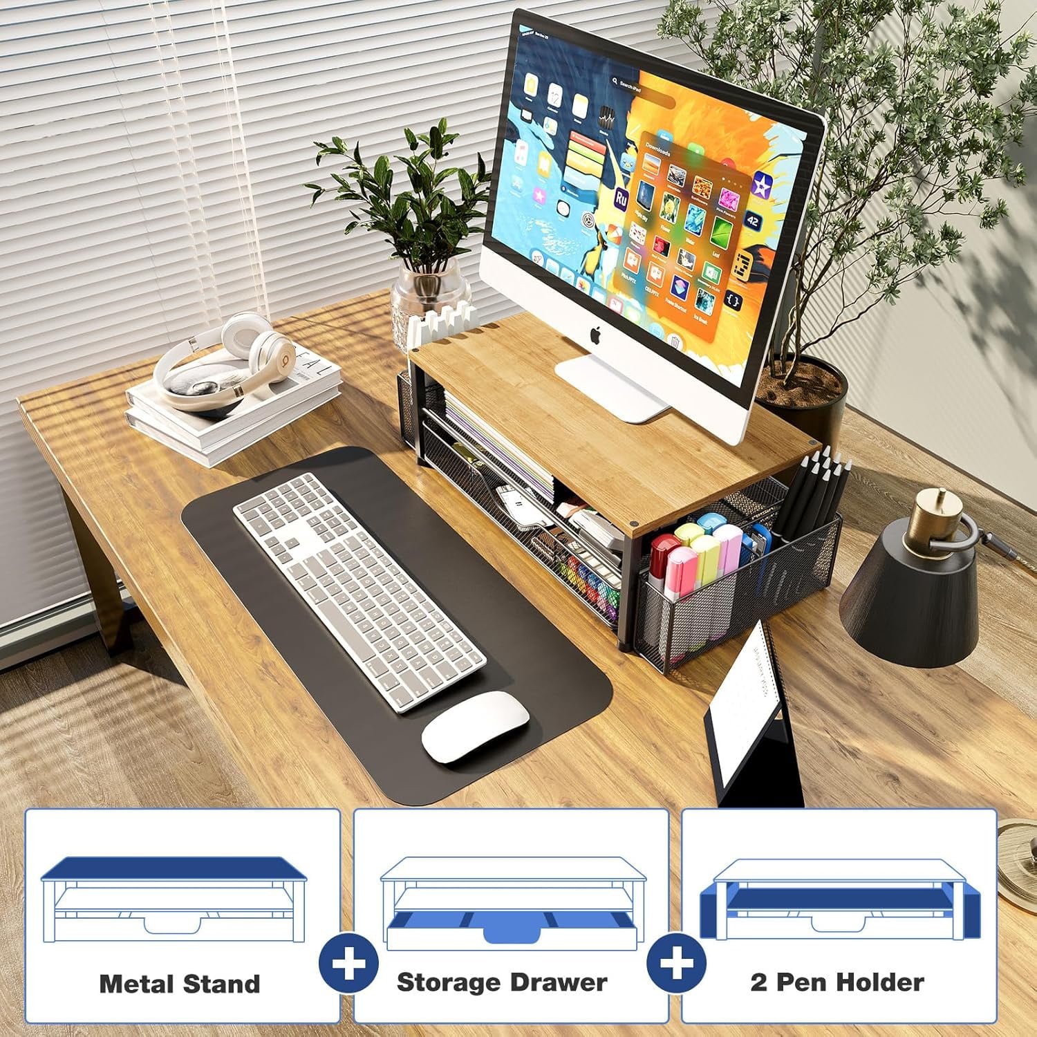 A house of tools Desk Organizers and Accessories, 2-Tier Computer Monitor Stand with Drawer and 2 Pen Holders, Office Desk Accessories Workspace Desktop Organizers for Office Supplies, Oak
