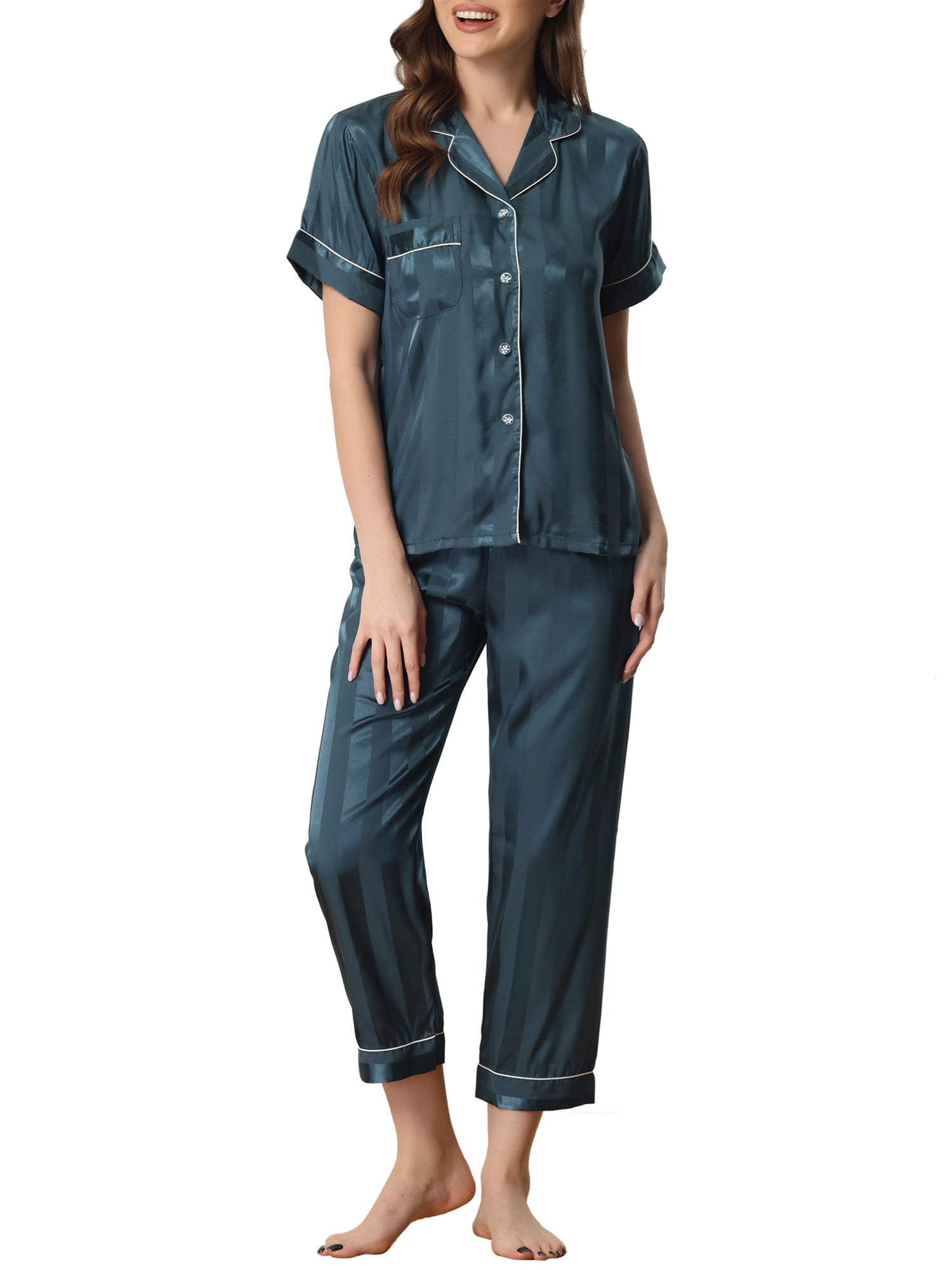 Unique Bargains Womens Satin Button Down Short Sleeve Long Pants Pajama Set L Blue