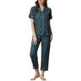 thumbnail image 2 of INSPIRE CHIC Women's Satin Button Down Short Sleeve Shirt with Long Pants 2 Pcs Pajama Set XS Blue, 2 of 6