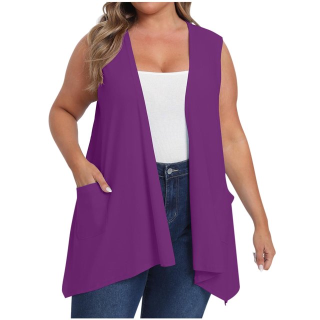 BLVB Women's Plus Size Sleeveless Open Front Draped Cardigan Vest Lightweight Cover Ups Coat with Pockets