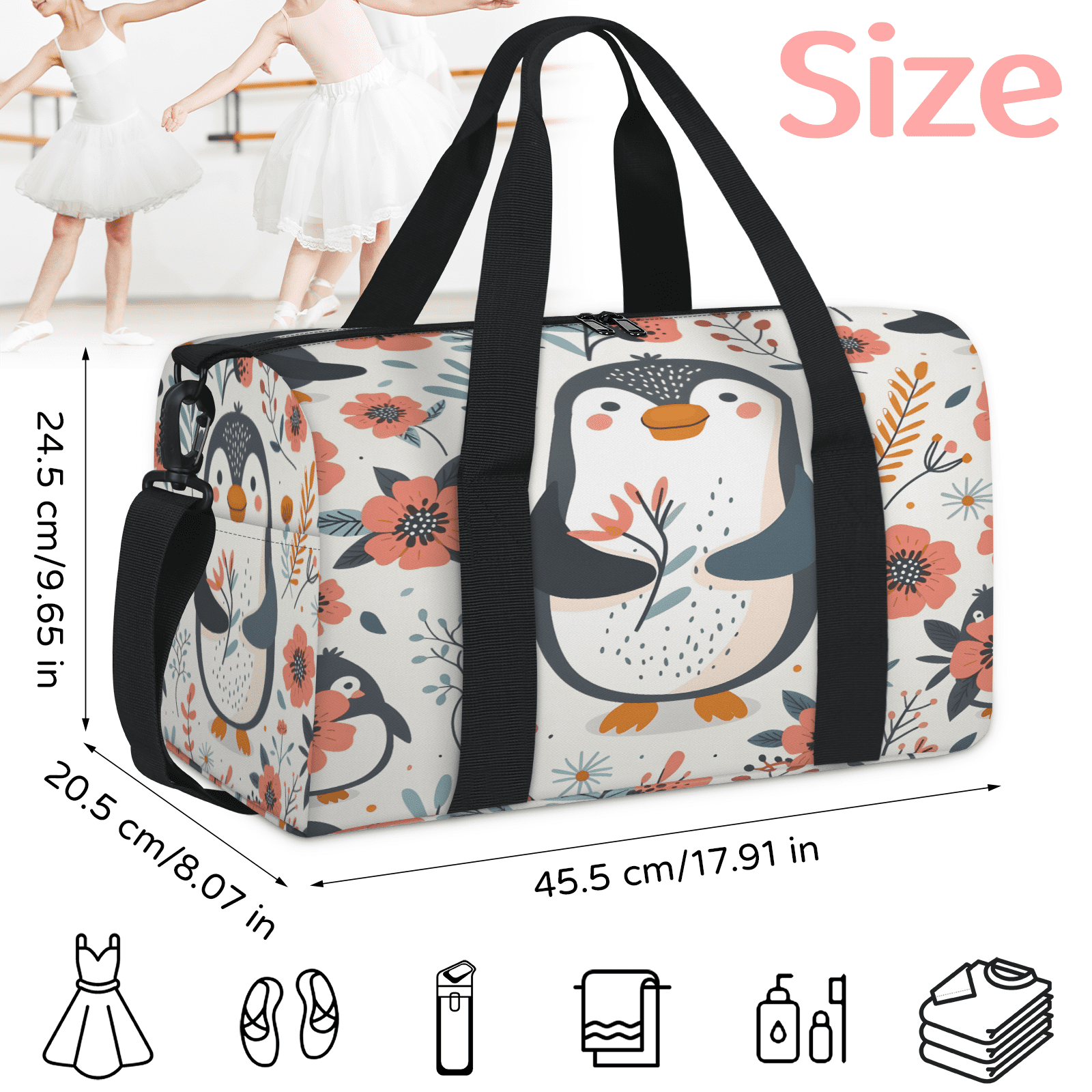 Herdesigns Penguin Travel Duffle Bag Sports Yoga Weekender Overnight Carry on Workout Bags Lightweight Waterproof Gym Tote Bag for Women Flower