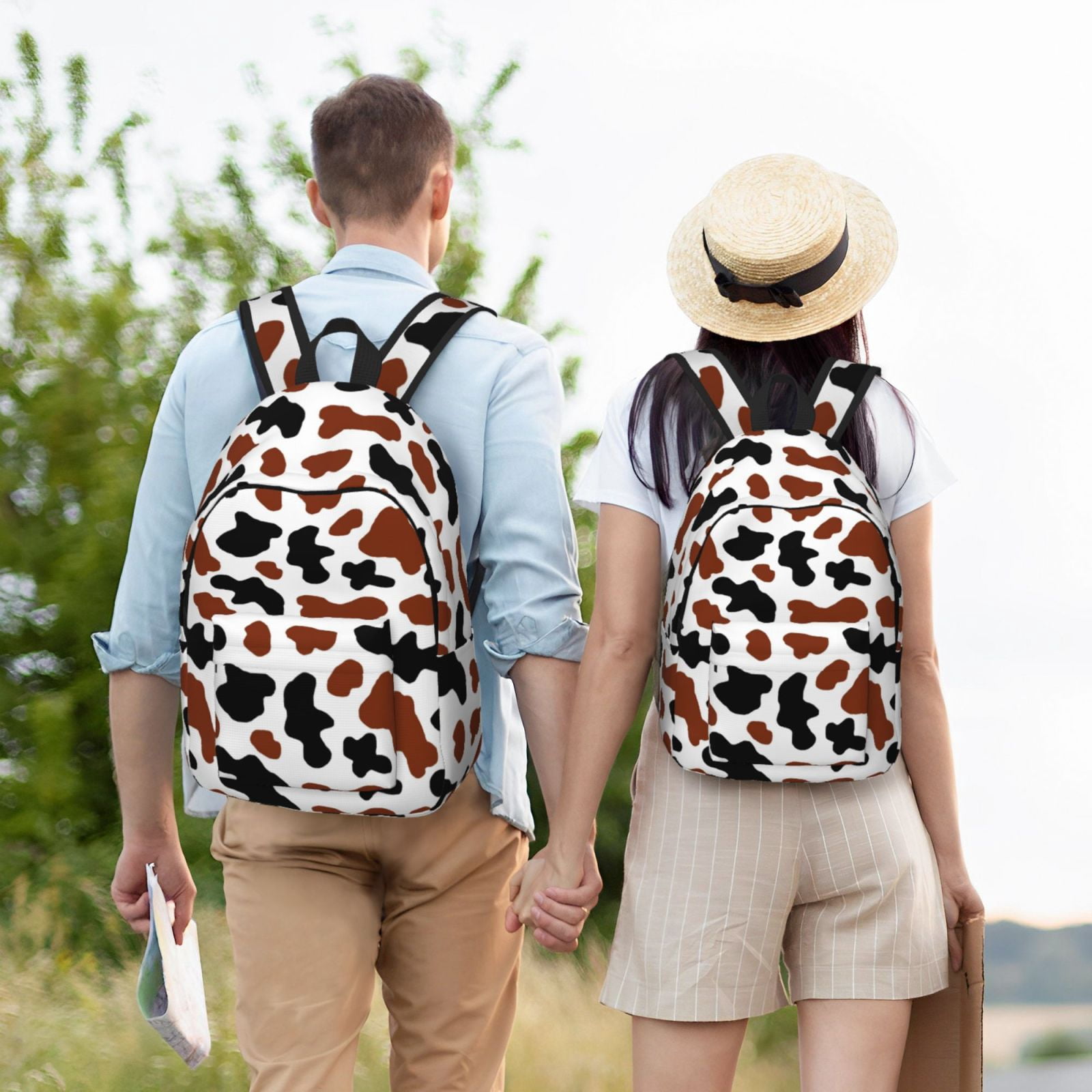 Picia Brown Black Cow Printed Canvas Daypack - Stylish and Durable Vintage Compact Backpack - Class, Work, Travel, or Laptop Bookbag,Organized Compartments-Medium