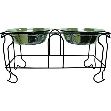 UPC: 0833775006959 | YML Group Double Stainless Steel Feeder Bowls with Wrought Iron Stand – Large
