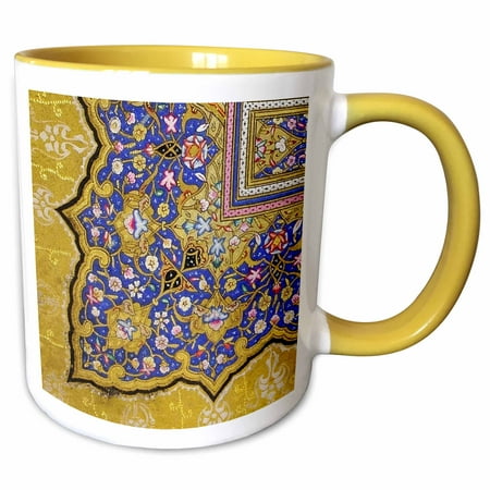 - 3dRose Purple and matte gold Arabian floral pattern. Persian style flowers and swirls. Arab Islamic Turkish - Two Tone Yellow Mug, 11-ounce