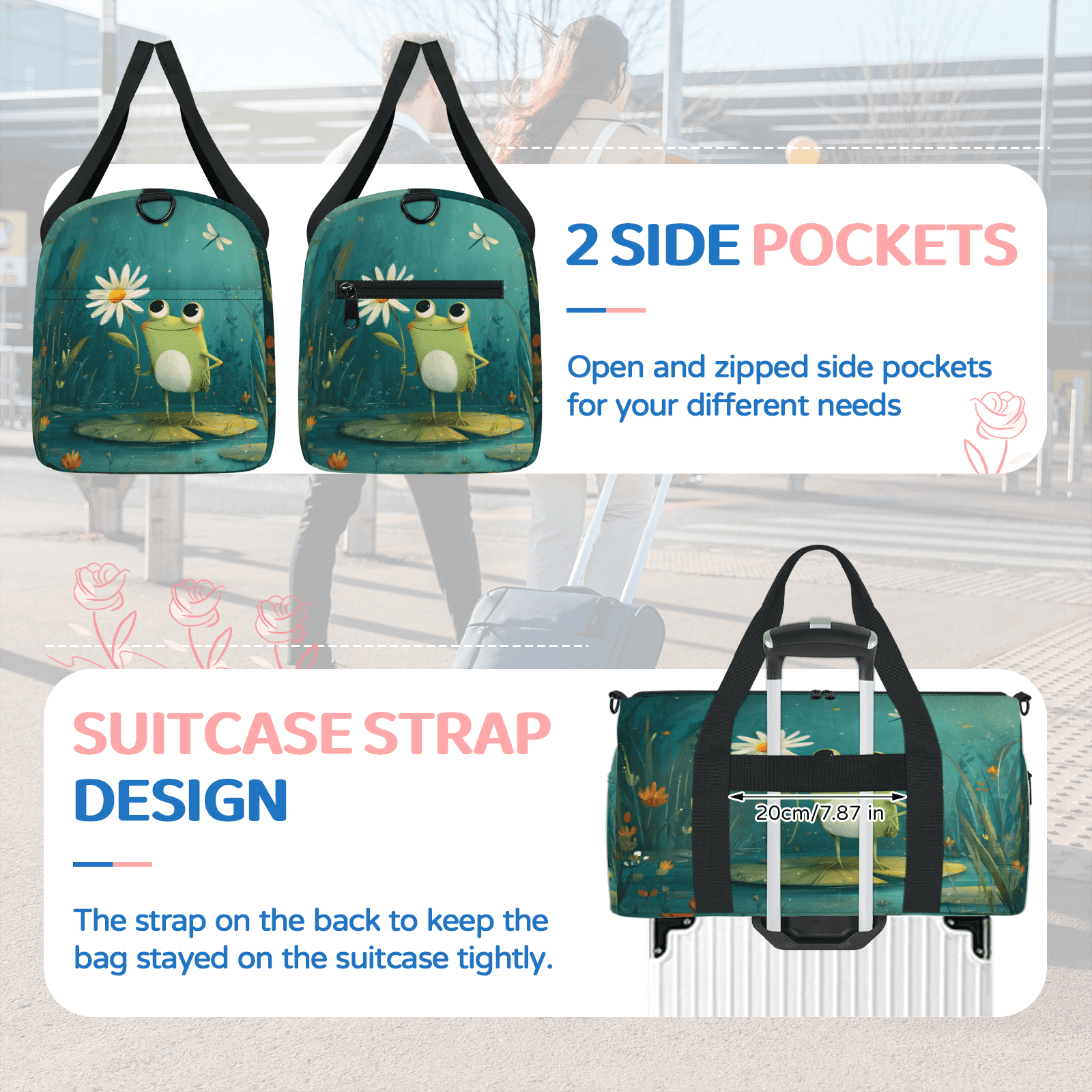 Herdesigns Funny Frog Gym Bag for Women, Duffle Bag for Travel Sport, Green Leaf Flower Lightweight Waterproof Carry on Weekender Dance Yoga Workout Bags