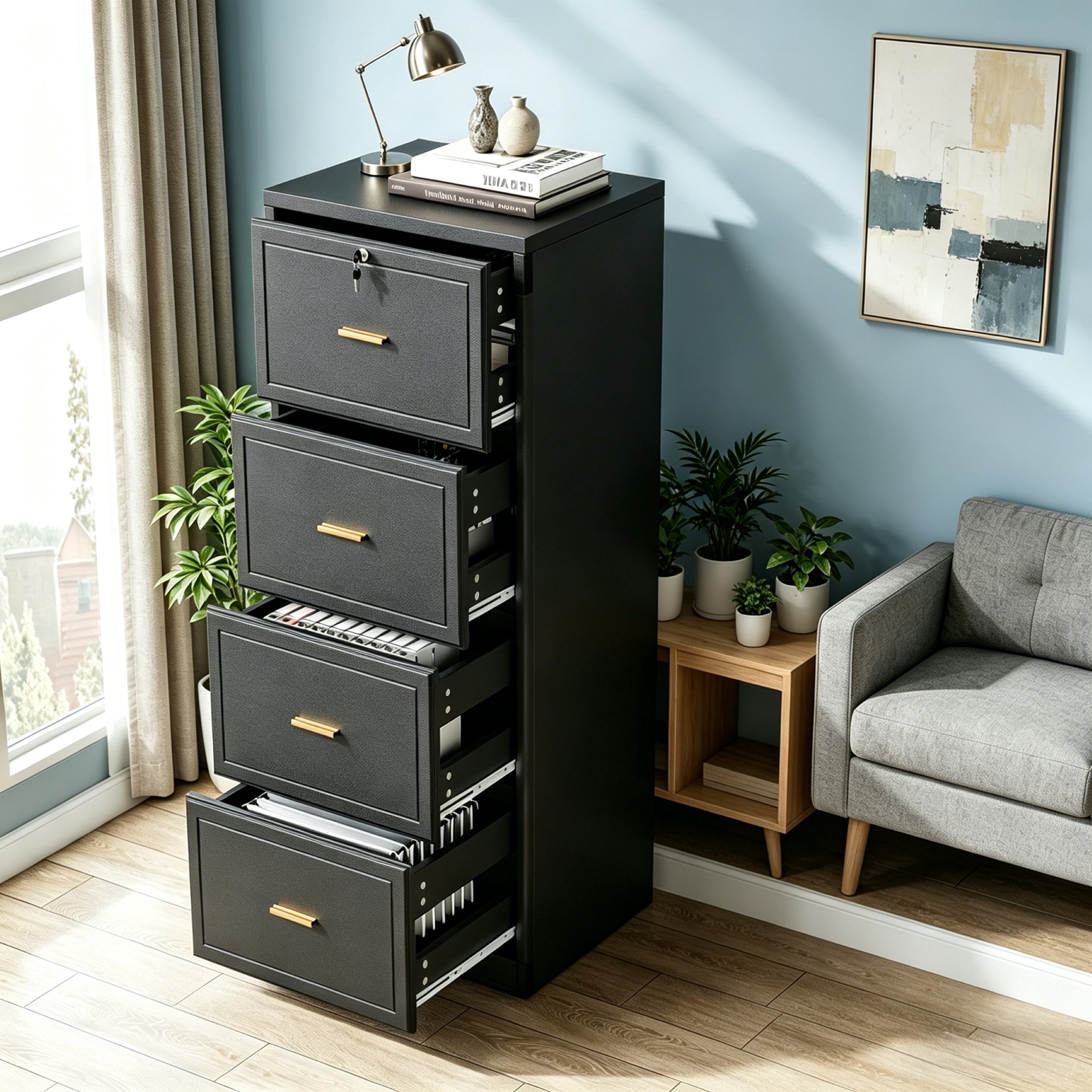 Fnova 4-Drawer File Cabinet, Tall Filing Cabinet with Lock and Key, Heavy Duty Wooden Vertical Office Storage Organizer for Legal Size/Letter/A4/Files, Home Office, Black