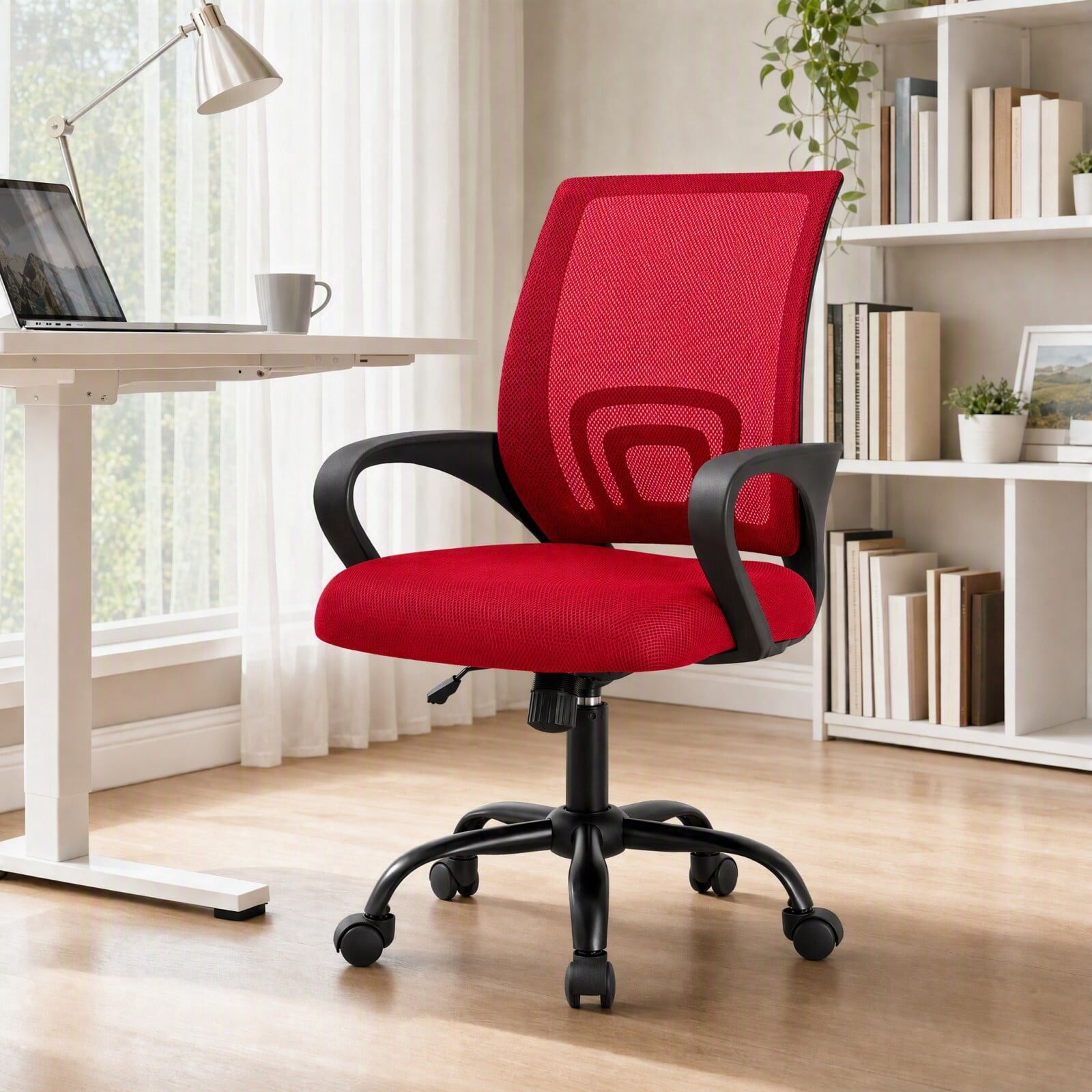 Kelno Mid-Back Mesh Office Chair 250lb Capacity Ergonomic Desk Chair with Lumbar Support Adjustable Height Rocking Task Chair, Red