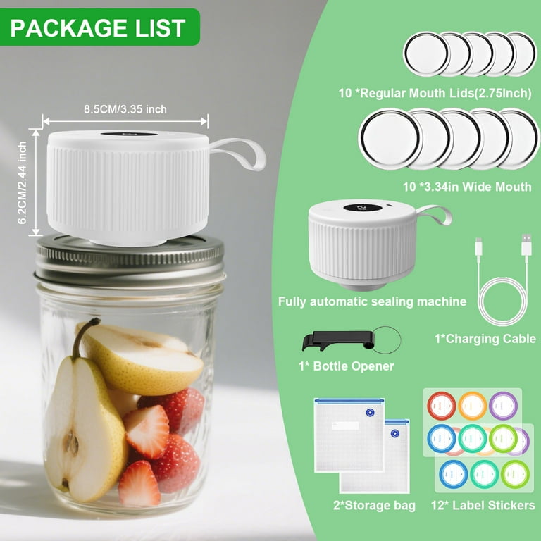 Electric Mason Jar Vacuum Sealer Kit - Automatic, Portable For Wide & Regular Mouth Jars, Preserve Food Freshness