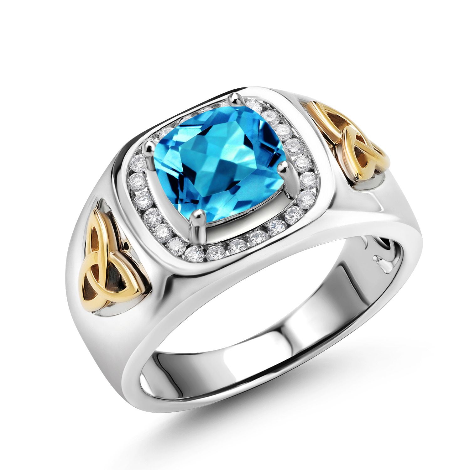Gem Stone King 2.56 Ct Swiss Blue Topaz Lab Grown Diamond 925 Silver and 10K Yellow Gold Men's Ring | Size 10