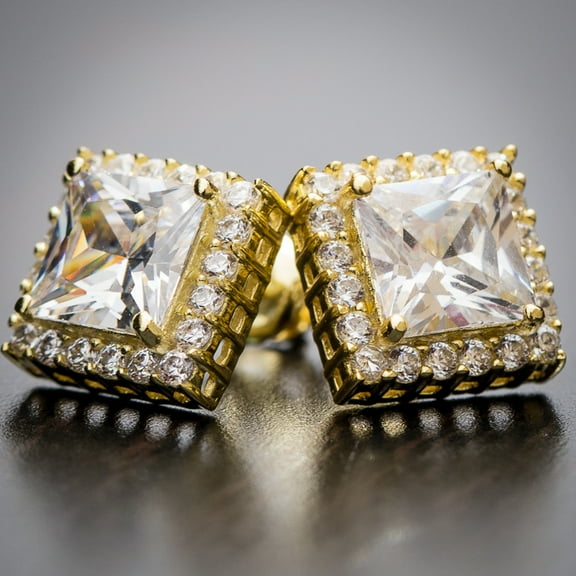 Square Princess Cut Cz 14k Gold Plated 925 Sterling Silver Unisex Stud Screw Back Earrings