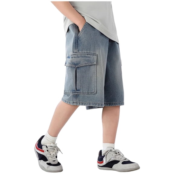 VUHXZWAF Boys Denim Shorts Elastic Waist Summer Half Pants Stretchy Cargo Jean with Pockets Size 11-12 Years