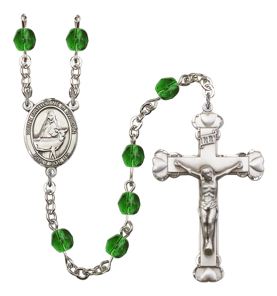 Catherine of Sweden Rosary with 6mm Emerald Color Fire Polished Beads Catherine of Sweden Center and 1 5/8 x 1 inch Crucifix Silver Finish St St Gift Boxed