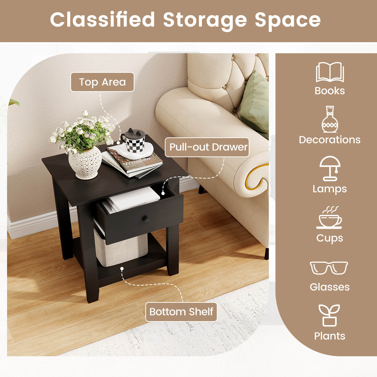 Costway 1 PCS Nightstand with Drawer 3-Tier Modern Bedside Table with Open Shelf Storage for Bedroom Black