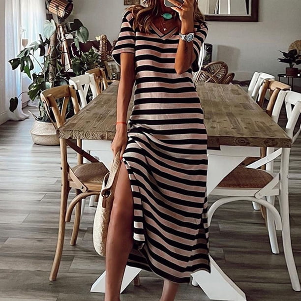 WILLBEST Vestidos con Curvas para Mujer, Vestido Largo de Verano A Rayas, Manga Corta, Cuello En V, Informal, Suelto, Largo, para Playa, con Abertura Chica
