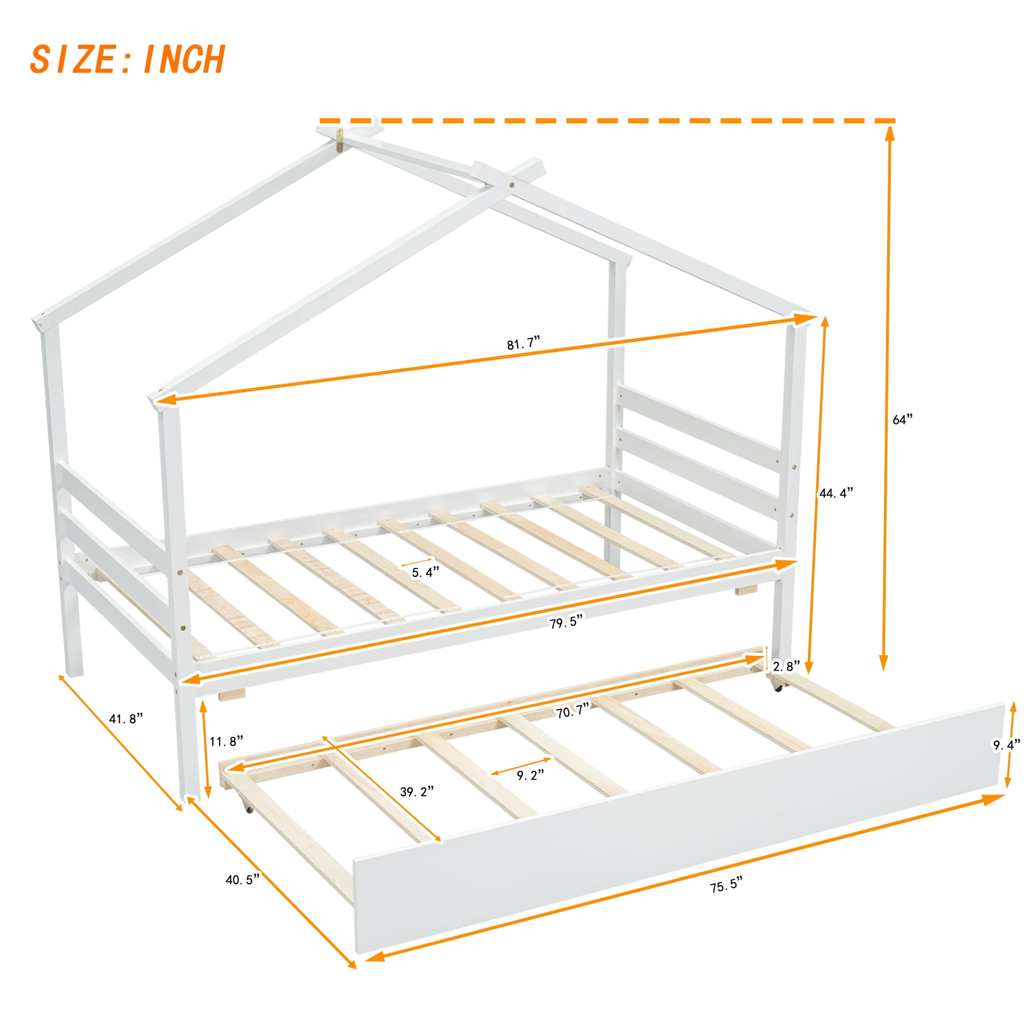 Miniyam Twin Size Bed Frame with House-shaped Roof & Trundle for Kids, Boys/ Girls, White