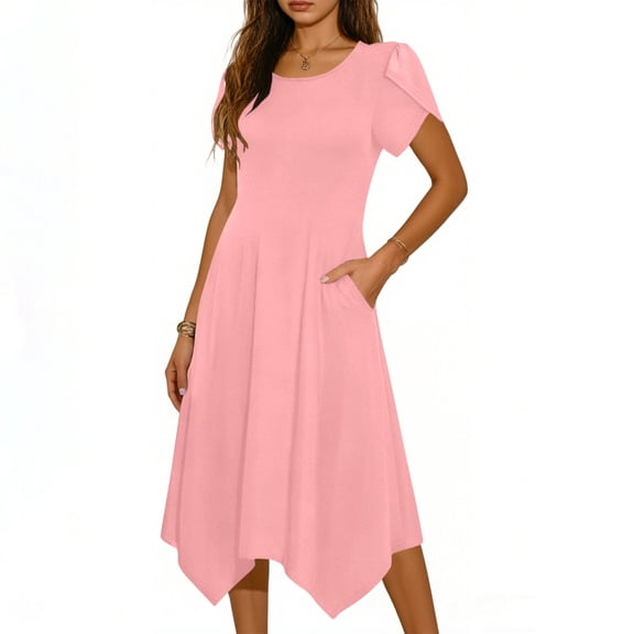 jtjvou Women's Dress Short Sleeve A Line Casual Sundress with Pockets Solid Color Round Neck Midi Dress Comfy Beach Dresses Pink S