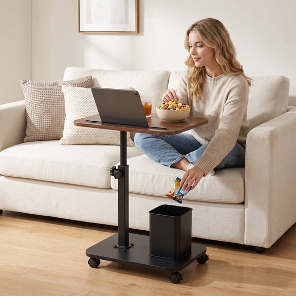 EZBY C Shaped End Table with Built-In Tablet Groove, 360° Swivel Sofa Side Table, Adjustable Height Mobile Laptop Desk for Couch and Bed