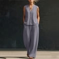 thumbnail image 4 of Bosfbaoi Two Piece Sets for Women Linen Blend Fashion Outfit Set V-Neck Sleeveless Button Tops Comfort Waist Wide Leg Pants Matching Sets Women Clothing, 4 of 6