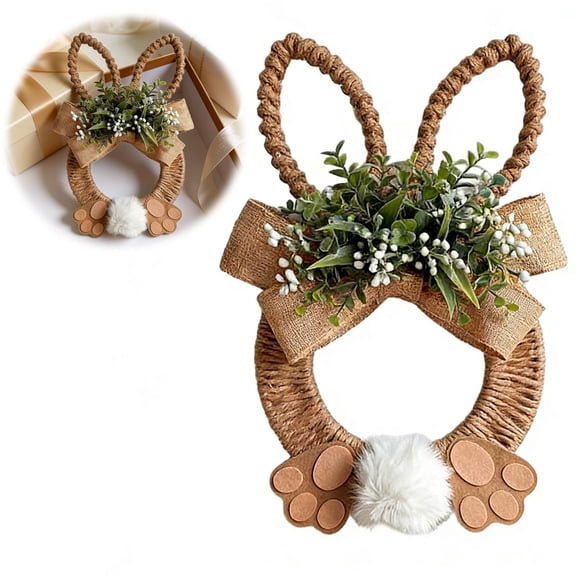 QuanTara Bunny Easter Wreath, 15.75x9.84in Jute-Look Polyester Wreath with Bunny Ears & Bow, Spring Front Door Hanging Decor forindoor Outdoor Home